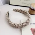 Détail de serre-tête à carreaux marron, design haut, accessoire de cheveux en tissu doux. - Plaid Beige Brun / 3cm de Large