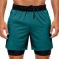 Pantalones cortos de deporte 2 en 1 para hombre con tejido transpirable de secado rápido y forro. - S / Verde azulado