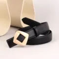 Black leather belt for women with modern gold geometric square buckle detail accessory - 100cm / Black
