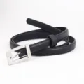 Women's minimalist black leather belt with elegant silver square buckle for stylish daily wear. - Black