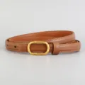 Brown leather belt detail, retro gold oval buckle, fine stitching texture, elegant waist accessory. - 100cm / Brown