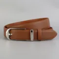 Detail view of the brown leather belt showcasing fine stitching, smooth texture, and silver buckle. - 100cm / Brown
