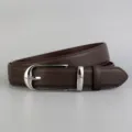 Close-up detail of women's vintage brown leather belt with stylish silver metal buckle for jeans. - 100cm / Coffee