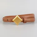 Women's brown thin leather belt with retro gold diamond buckle for jeans and trousers detail. - Brown