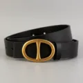 Classic black leather belt with retro gold oval buckle for women fashion denim pants daily wear - Black