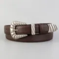 Vintage brown leather belt for women, western style with antique silver carved buckle details. - Coffee