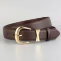 Brown genuine leather women belt close-up detail, vintage gold pin buckle with unique metal loop. - Coffee