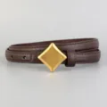 Women's brown leather belt with matte gold rhombus buckle, stylish accessory for trousers. - Coffee