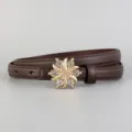 Women's slim brown leather belt with shiny rhinestone metal buckle, elegant jeans accessory - 100cm / Coffee