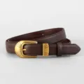 Detailed close-up shot of the brown leather belt featuring a vintage gold buckle - 100cm / Coffee