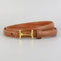 Slim brown leather belt for women with elegant gold metal buckle, chic daily accessory. - Brown / 100cm