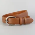 Detailed view of women's brown leather belt with stylish silver buckle and classic stitching. - 100cm / Brown