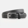 Close-up of a stylish black leather women's belt with a sleek silver buckle for casual jeans. - 100cm / Black