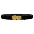 Women black suede belt with unique gold vertical bar buckle elegant fashion waist accessory - Black