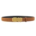 Detail view of a brown suede belt featuring unique vertical gold metal bar buckle hardware. - Brown