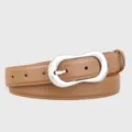 Close-up detail of the brown leather belt featuring a sleek silver irregular metal pin buckle. - 100cm / Brown