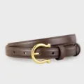 Close-up of brown leather belt with polished gold horseshoe buckle and neat stitching details. - Coffee / 100cm