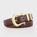 Close-up of premium dark brown women's leather belt with unique gold horseshoe buckle. - Coffee