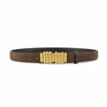 Elegant brown suede leather belt for women featuring unique vertical gold metal bar buckle. - Coffee