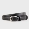 Close-up of a sleek black leather belt with silver pin buckle and neat stitching details. - 100cm / Black