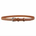Brown leather belt detail, classic silver buckle, minimalist design for women's trousers. - Brown