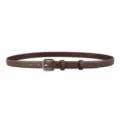Womens brown leather belt detailed view, slim design with silver buckle, casual accessory. - Coffee
