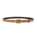 Brown suede women belt detail view showcasing vintage gold tone metal buckle design. - 100cm / Brown