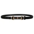 Close-up detail of the vintage black suede women dress belt with elegant gold-tone horsebit buckle. - Black