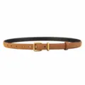 Retro suede leather belt for women, slim matte texture waist strap with vintage gold buckle. - Brown