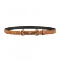 Close-up detail of the brown suede women belt featuring a gold tone horsebit metal buckle. - Brown