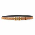 Brown suede leather belt for women featuring chic gold tone double ring metal buckle - Brown