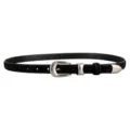 Detailed view of women's black suede leather belt with vintage silver tone metal buckle and tip. - Black