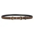 Retro slim suede women belt with gold horsebit buckle for dresses and jeans casual wear. - Coffee