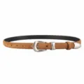Brown suede leather belt detail, classic slim waist belt with silver tone metal buckle. - Brown