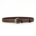 Brown leather belt for women with stylish twisted metal buckle, perfect detail view. - Coffee