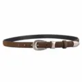 Brown suede belt detail view, elegant metal buckle, versatile women daily accessory. - Coffee