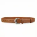 Detailed view of women's brown genuine leather belt featuring a stylish twisted silver buckle. - Caramel color