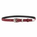 Burgundy suede women's belt detail, silver metal buckle, slim leather strap accessory. - Angola Red