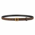 Detailed view of brown suede leather belt featuring chic square buckle for dress styling. - Coffee