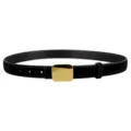 Close up view of the elegant black cow suede belt featuring a polished golden metal snap buckle. - 100cm / Black