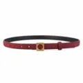 Burgundy suede slim leather belt with gold square buckle, elegant dress waist accessory. - Angola Red