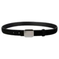 Close-up view of black suede leather belt with elegant square silver metal buckle - Black