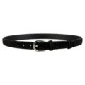 Detailed view of a black suede leather belt featuring a classic silver metal pin buckle. - Black