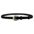 Close-up detail view of black suede leather women belt with vintage silver metal buckle. - Black