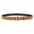 Women brown suede leather belt with gold geometric double ring buckle for jeans and suits. - Brown