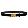 Close-up detail of the black suede leather belt with unique gold wavy metal buckle. - 100cm / Black