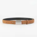 Brown suede women belt featuring elegant silver square metal buckle closeup view. - Brown