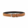 Close-up view of a minimalist brown suede women belt featuring a sleek silver metal pin buckle. - Brown