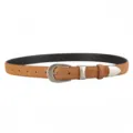 Brown suede belt detail showcasing the vintage metal buckle and tip accessory clearly. - 100cm / Brown