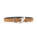 Brown suede belt detail featuring a unique metallic knot buckle and clean design for women's wear. - Brown